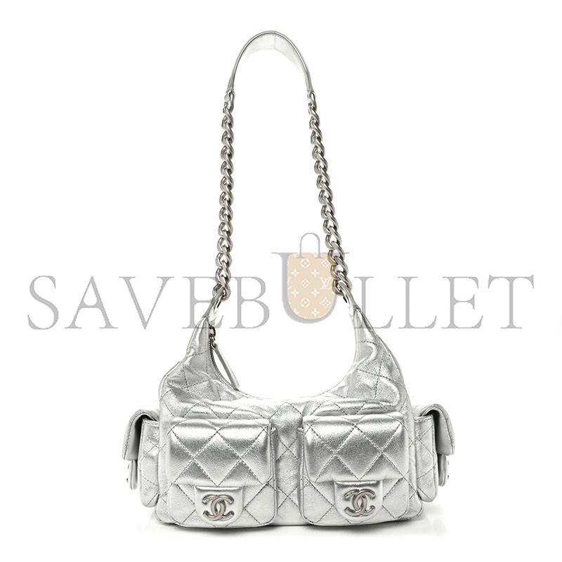 CHANEL METALLIC LAMBSKIN QUILTED TRENDY POCKETS HOBO SILVER (35*27*18cm)